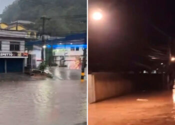Chuva causa alagamentos e transbordamento de rio em Petrópolis.