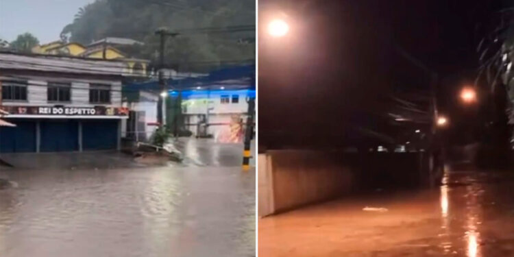 Chuva causa alagamentos e transbordamento de rio em Petrópolis.