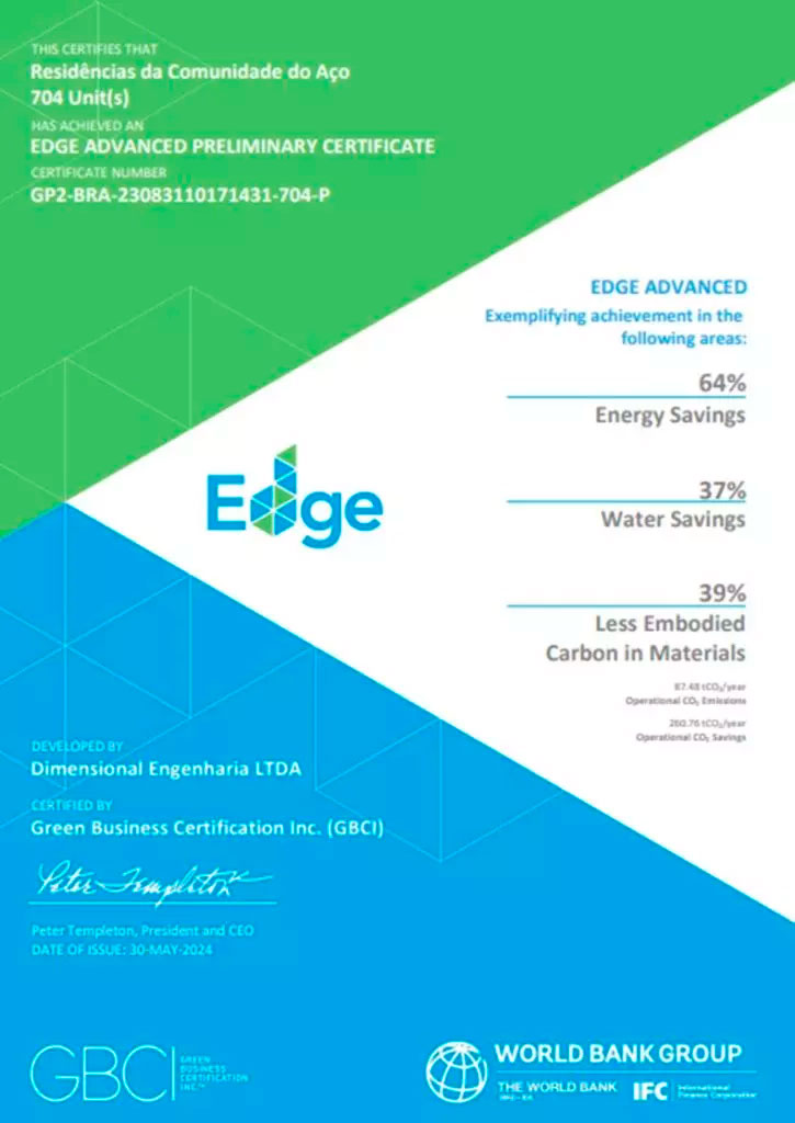 Selo internacionais EDGE do Banco Mundial e GBC Condomínio do Green Building Council
